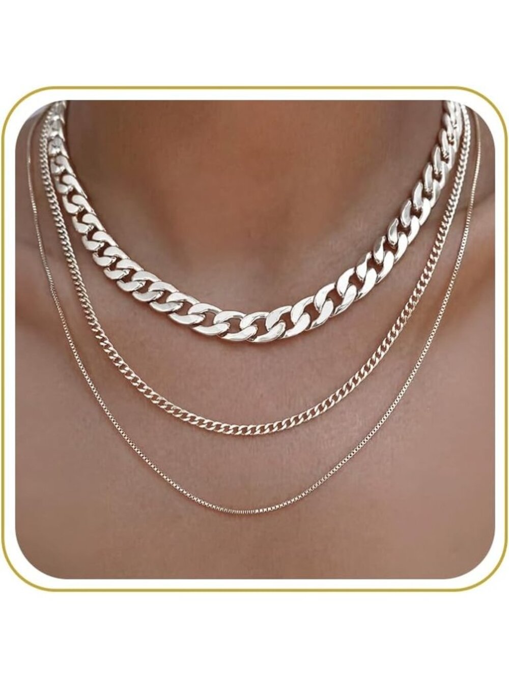 Women's Chunky Cuban Silver Non Tarnish Chunky 14k Gold Plated Layered Necklaces